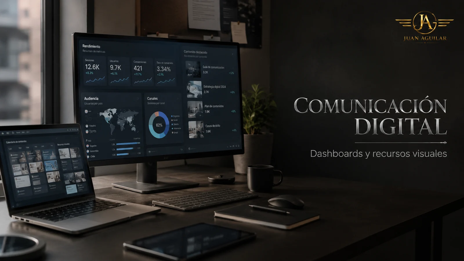Estación de trabajo con dashboard y recursos de comunicación digital