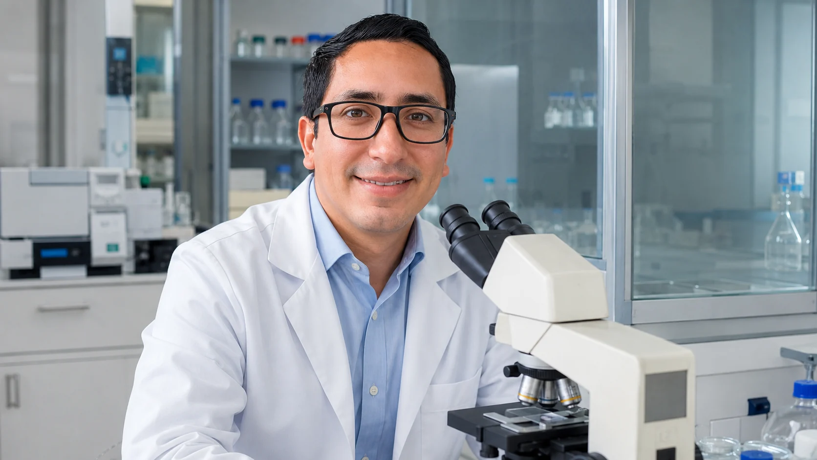 Juan Aguilar en laboratorio junto a un microscopio