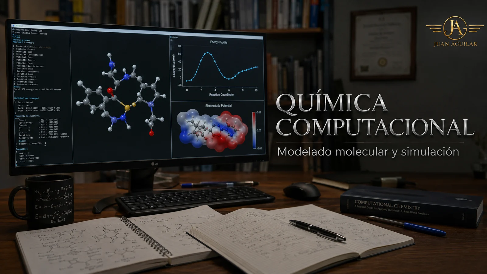 Pantalla de química computacional con molécula, perfil energético y potencial electrostático